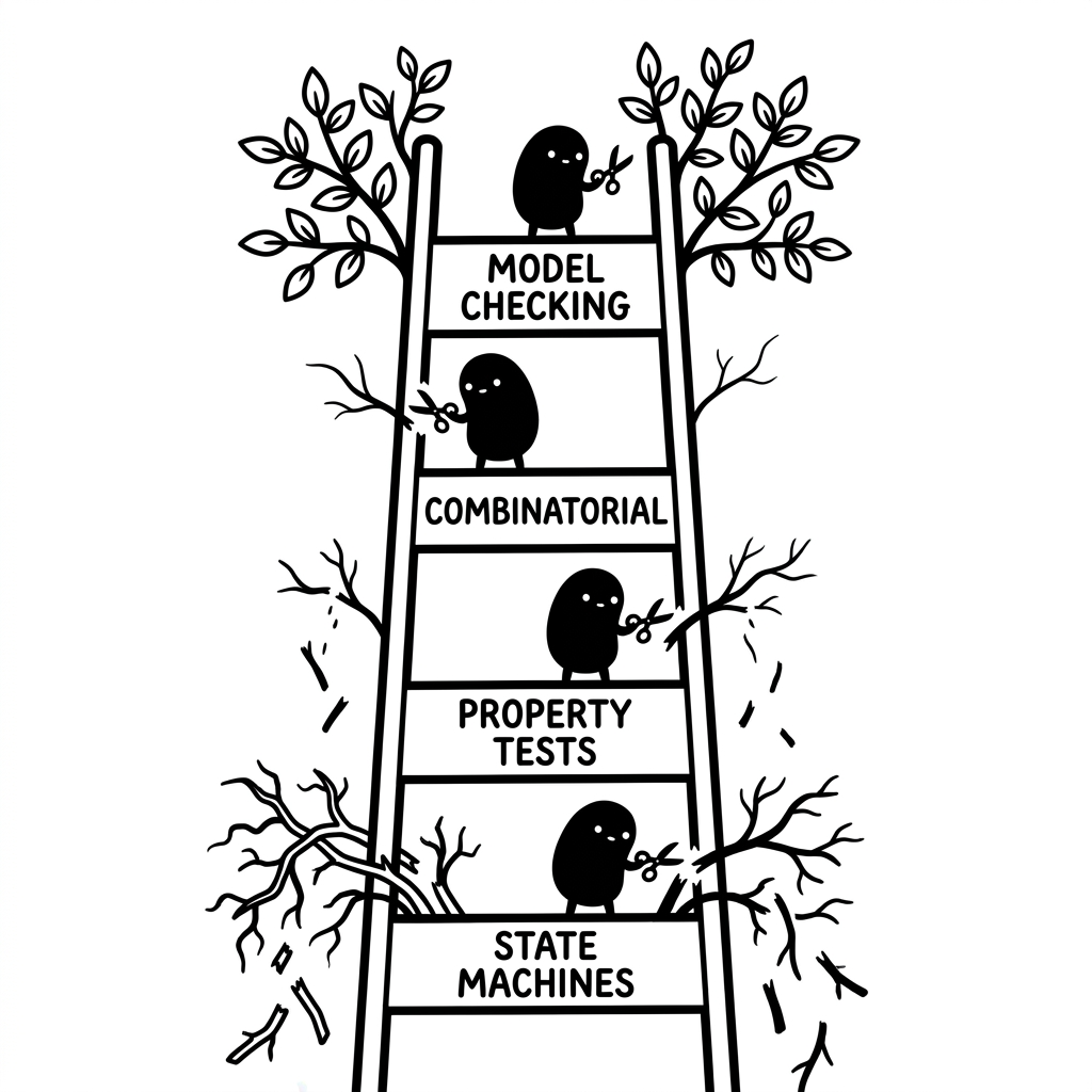 A four-step ladder labelled bottom to top — state machines, property tests, combinatorial, model checking — with blobs climbing and pruning dead twigs that thin out toward the leafy top: each step up is a stronger cut.