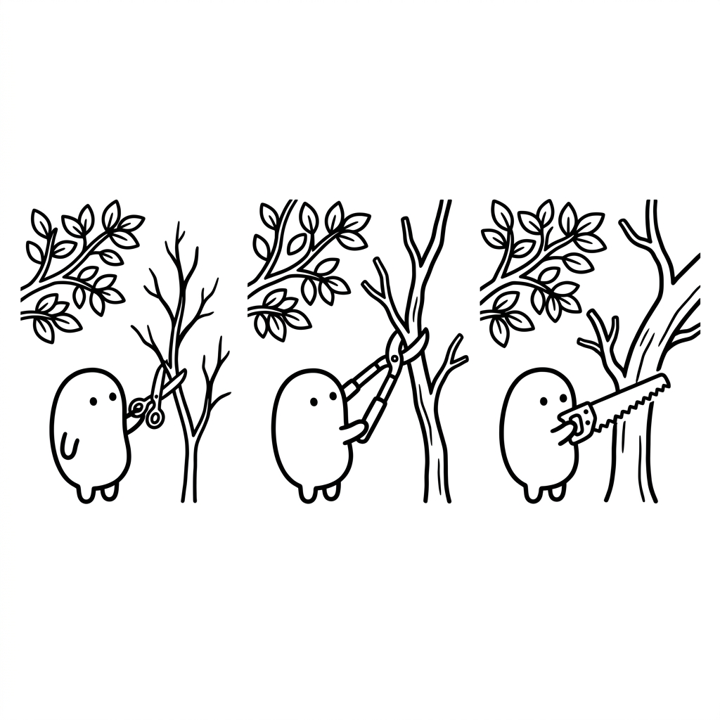 A blob reaching for bigger and bigger tools — scissors, then loppers, then a saw — to cut progressively thicker dead branches: the cheapest cut first.
