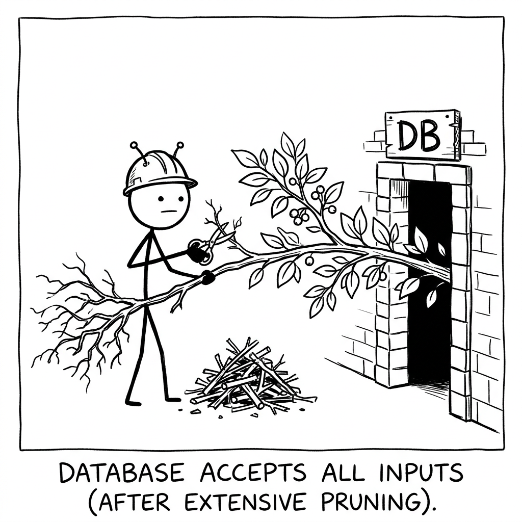 At a brick doorway labelled "DB", the blob snips the bare dead twigs off a branch with scissors so they drop into a pile outside, then sends the clean leafy branch through the door — the database only takes a state once the illegal parts are cut off, and no app can bypass the cut.