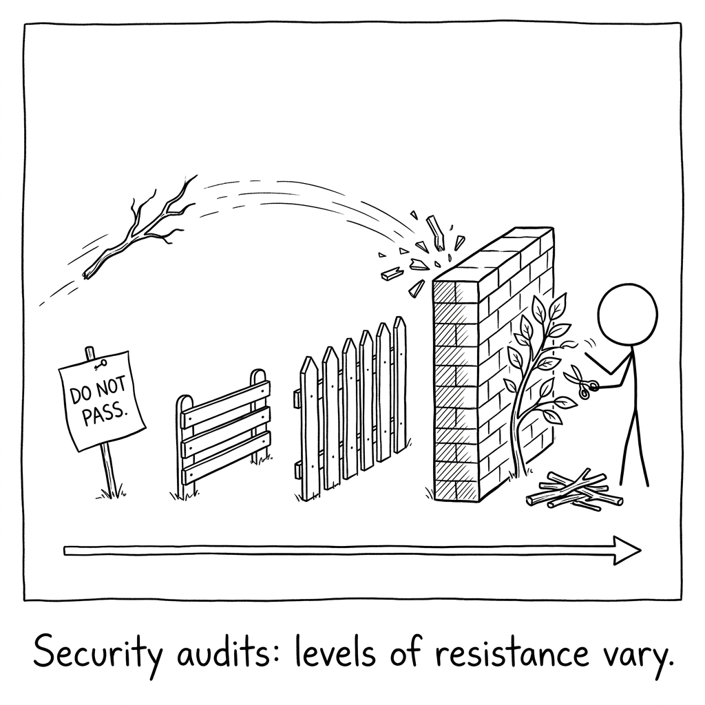 Four barriers of rising strength — a paper note, a low fence, a taller fence, a brick wall — a dead twig blows past the first three and shatters on the wall.