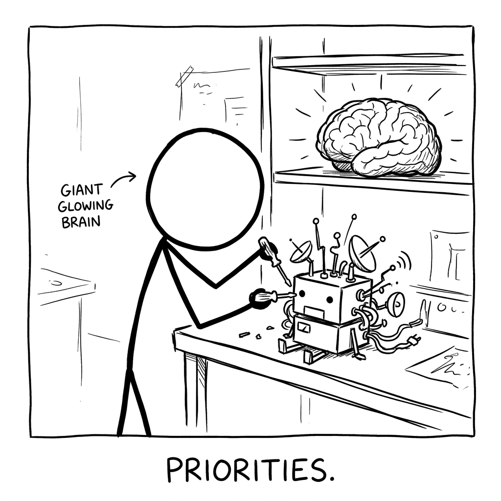 A stick figure screws antennae and sensor dishes onto a small robot while a giant glowing brain sits ignored on a shelf — captioned "priorities."
