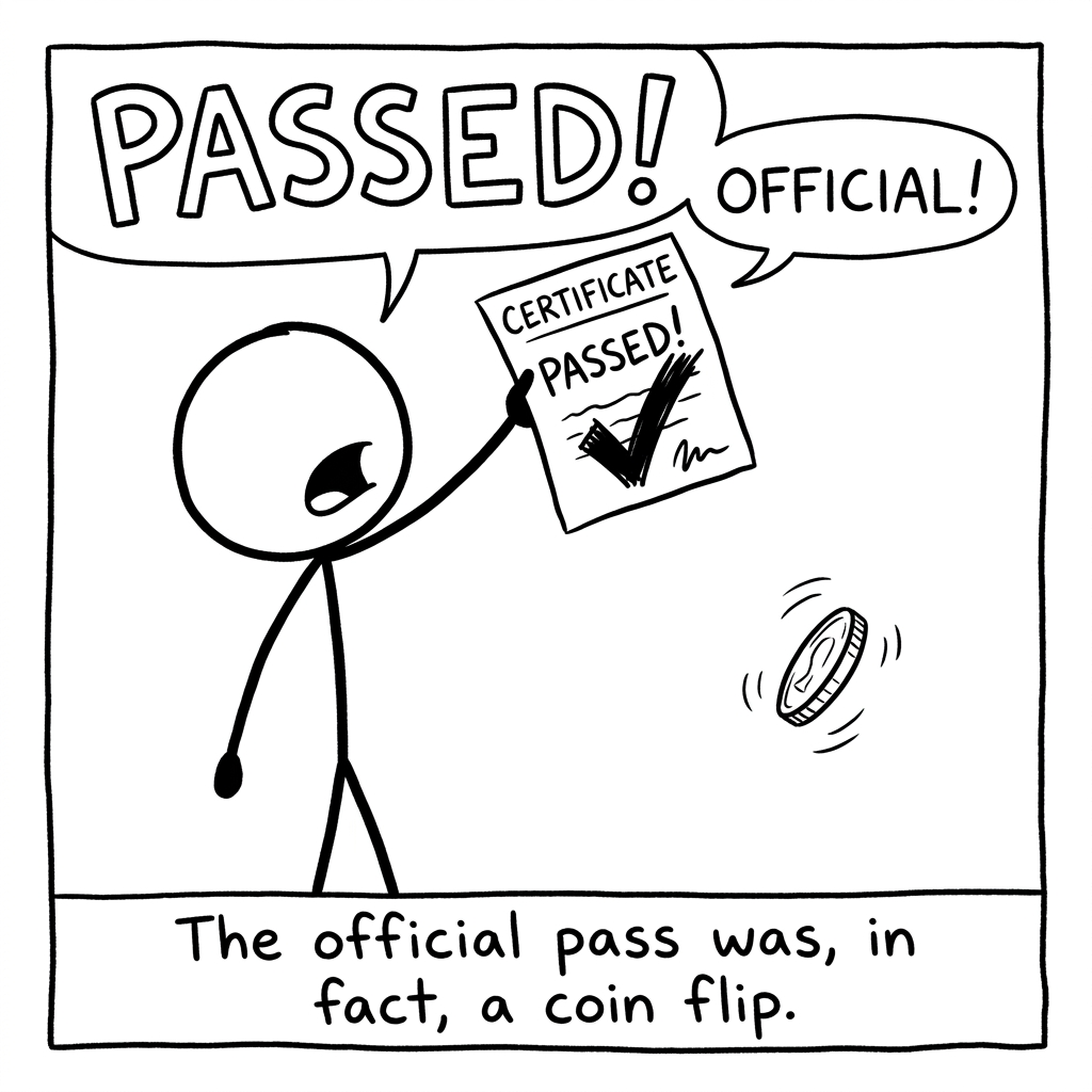 A stick figure proudly displays a stamped certificate while a coin spins on its edge beside it — a green build that's really a coin flip.