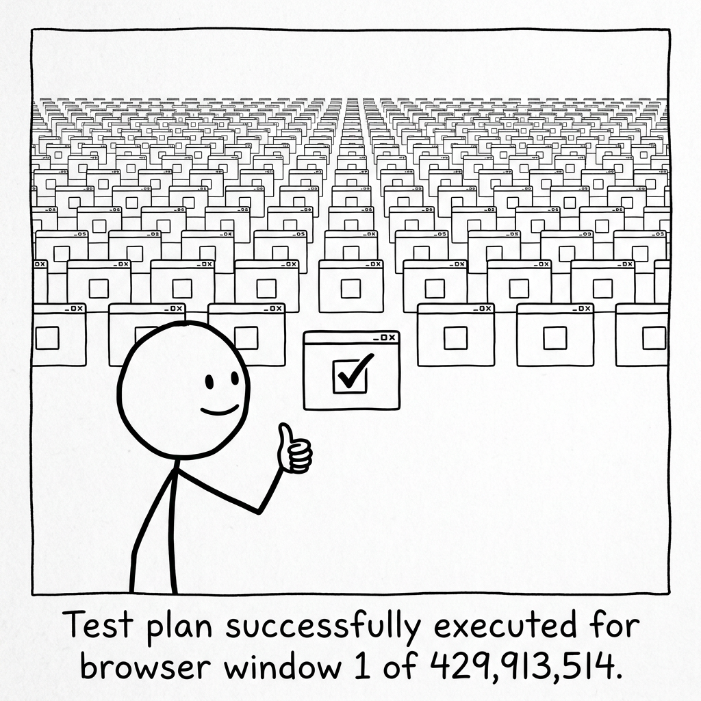 A stick figure gives a thumbs-up to the one browser window it checked while a wall of identical unchecked browser windows recedes to the horizon.