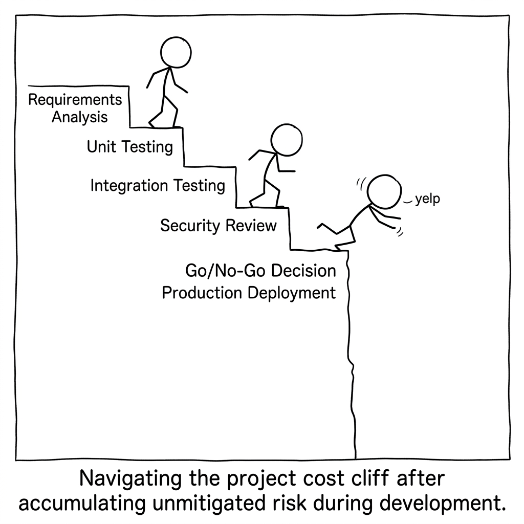 A stick figure walks down a row of checks, each step taller than the last, until the final one falls away as a sheer cliff — the price of catching a mistake, climbing.