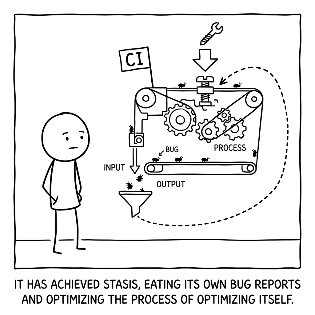 A stick figure whose body loops into a conveyor belt labeled "CI", calmly feeding on the bugs that fall off its own output.