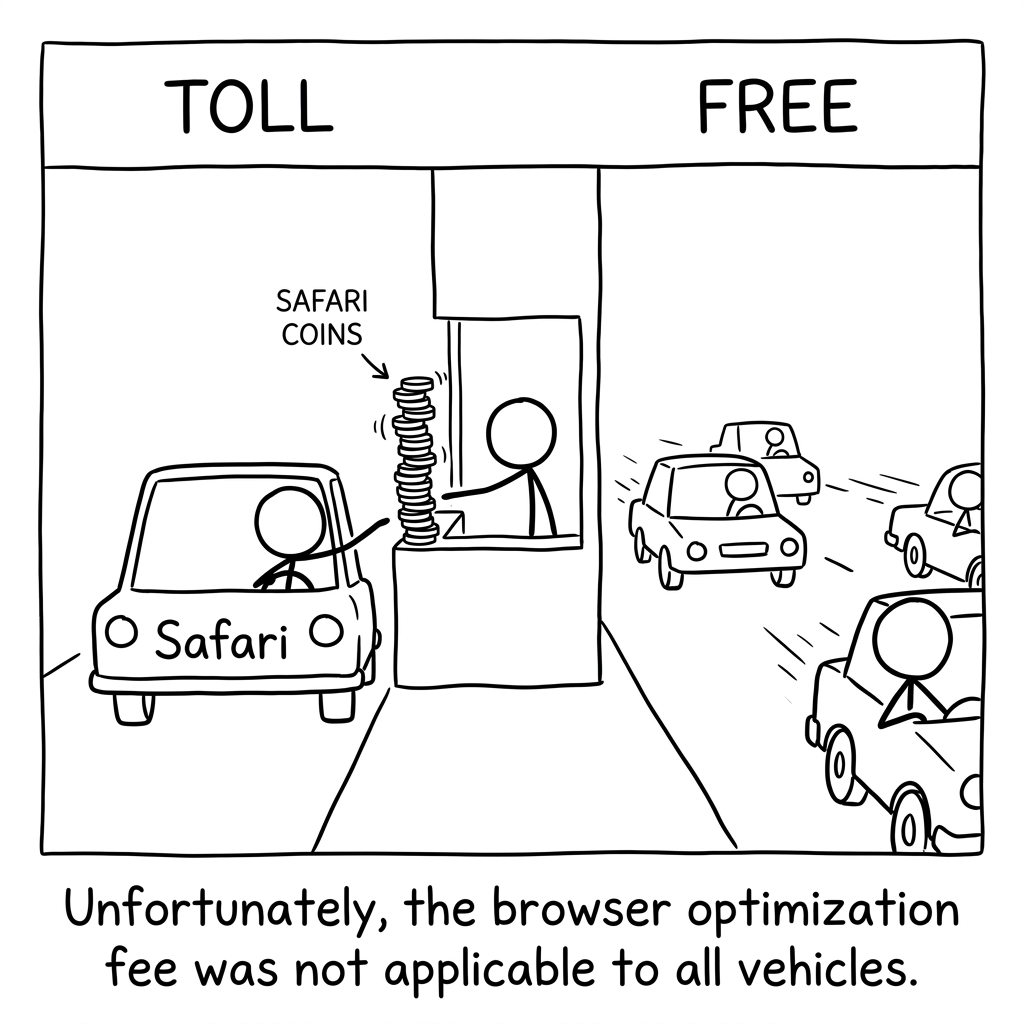 A toll booth where the car marked Safari pays a tall stack of coins while every other car drives through the free lane.