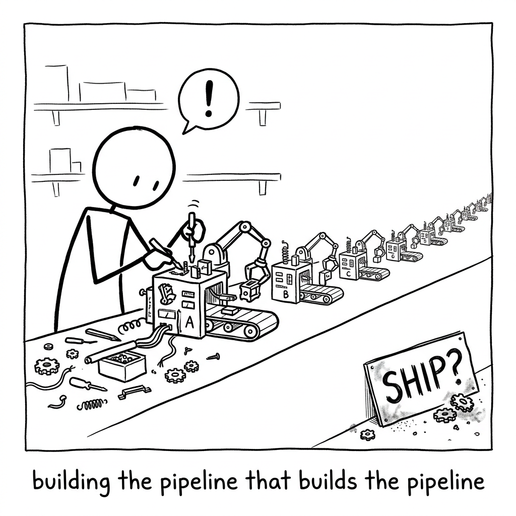 A stick figure builds a machine that builds a machine that builds a machine, while a dusty sign reading "SHIP?" leans ignored in the corner.