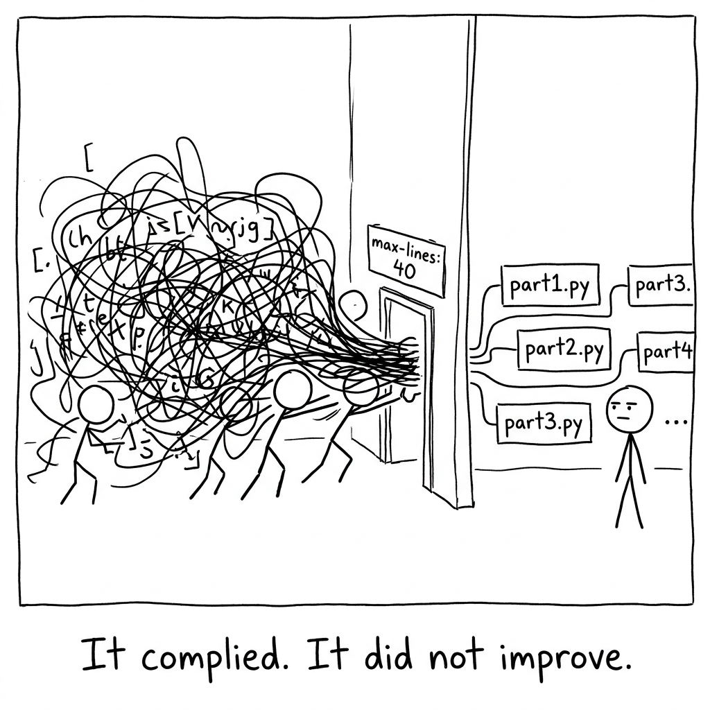 A giant tangled monster-blob of code shoved through a tiny doorway labeled max-lines: 40 and emerging on the far side as neat little boxes named part1, part2, part3 — technically compliant, obviously gaming the cap. It complied. It did not improve.