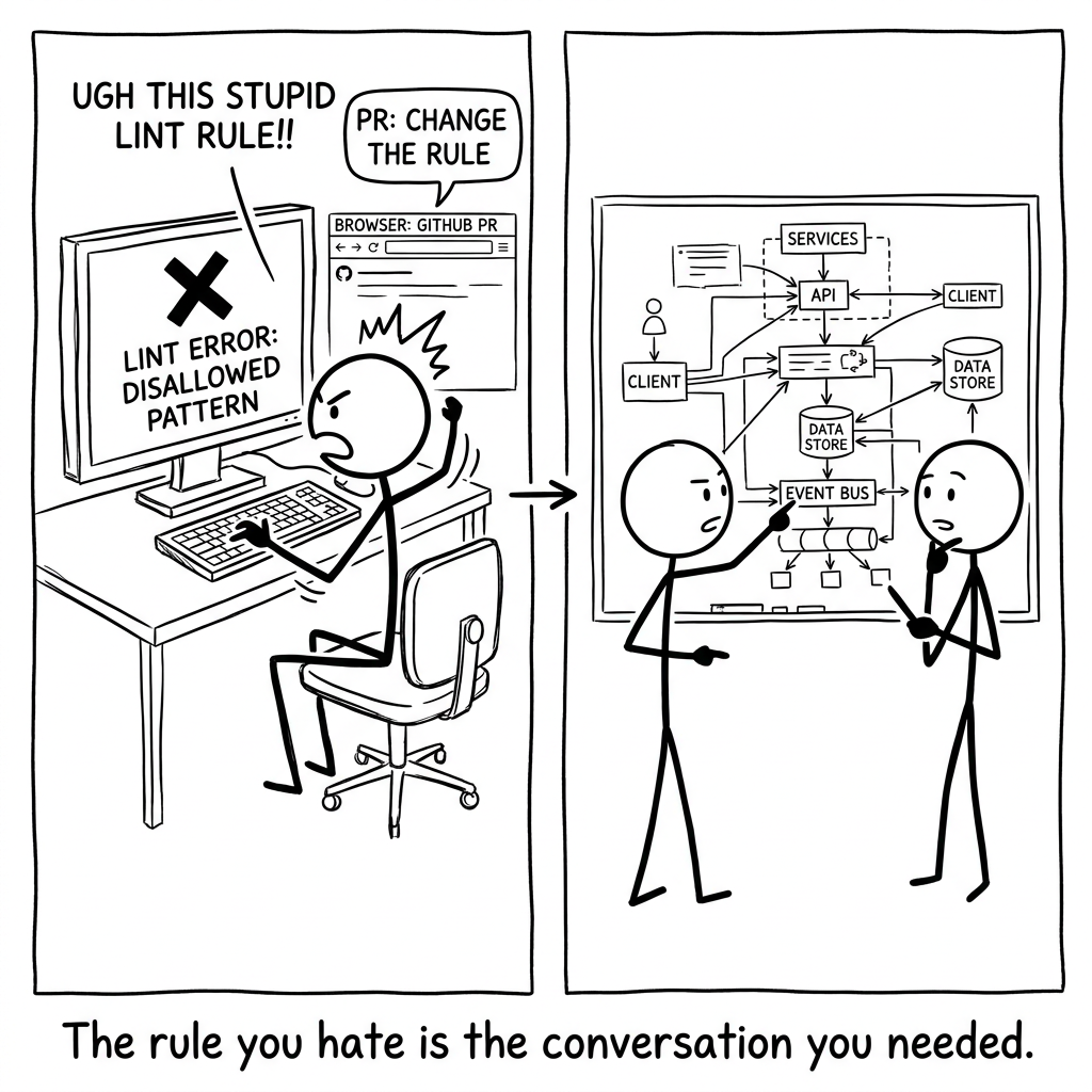 A stick figure furious at a red X lint error opens a pull request titled 'change the rule' — which turns into two stick figures at a whiteboard finally having the architecture argument they never had. The rule you hate is the conversation you needed.