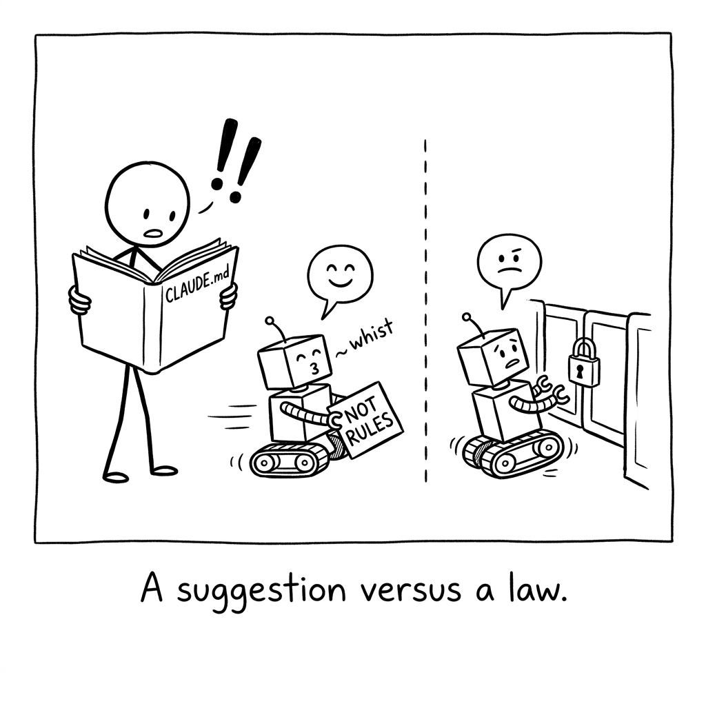 A stick figure reads a CLAUDE.md rulebook aloud while a robot agent cheerfully ignores it — and the same robot stopped dead by a locked gate it can't pass. A suggestion versus a law.