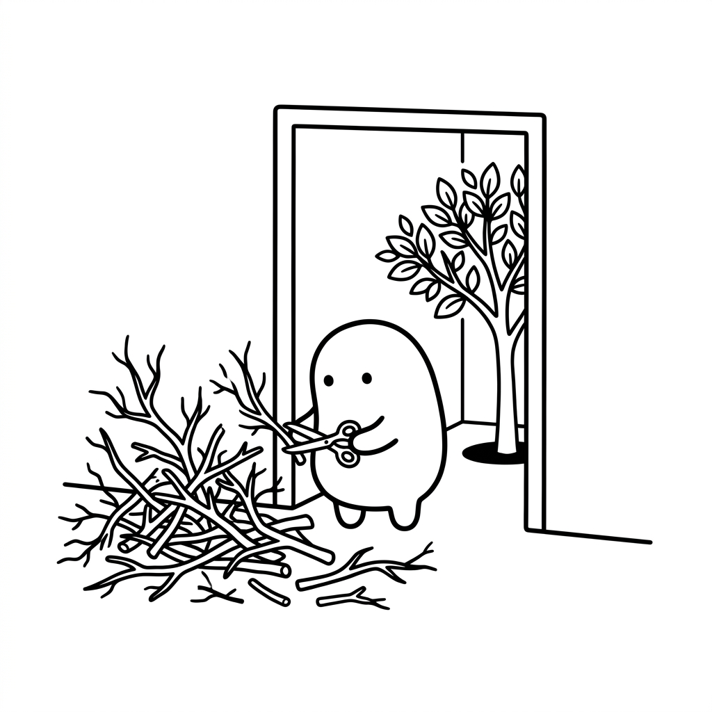 A blob standing in a doorway like a gatekeeper: a chaotic pile of tangled dead branches outside, a tidy living leafy tree inside — parse at the door, trust the type within.