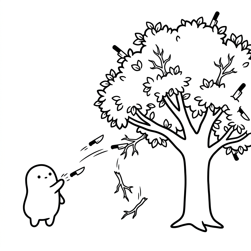 The blob hurls a handful of knives at a big leafy tree — random test inputs. Several knives strike dead twigs and slice them off, but a few bare dead twigs are left untouched where no knife landed — the cases the random throws missed. Catches some, misses others: sampling's blind spot.