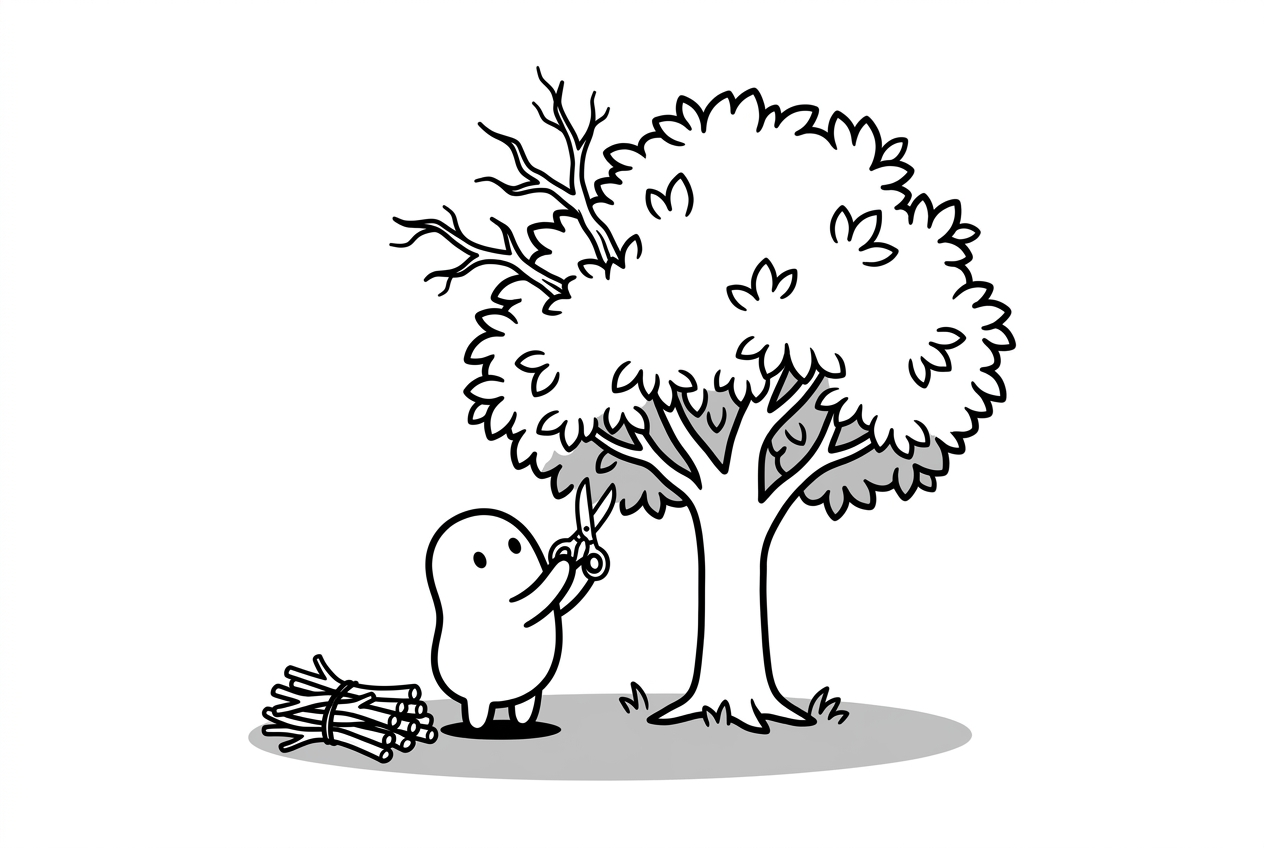 A small blob pruning the dead branches off a living tree, a neat pile of cut deadwood beside it — the whole article in one picture.
