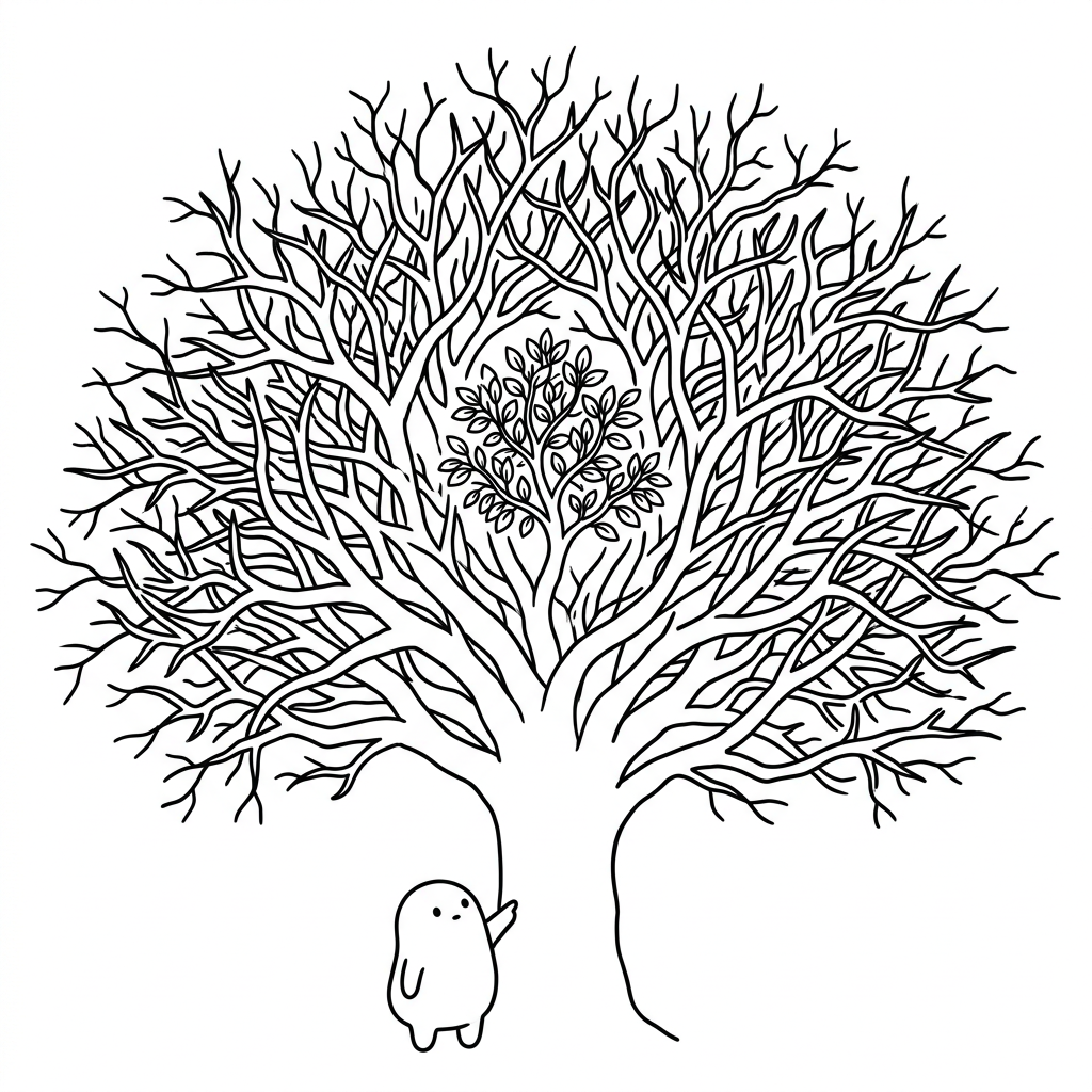 An enormous tree of bare dead branches with a single small living leafy cluster in the middle; a tiny blob points up at it — almost everything you can build is dead wood, only a little is valid.