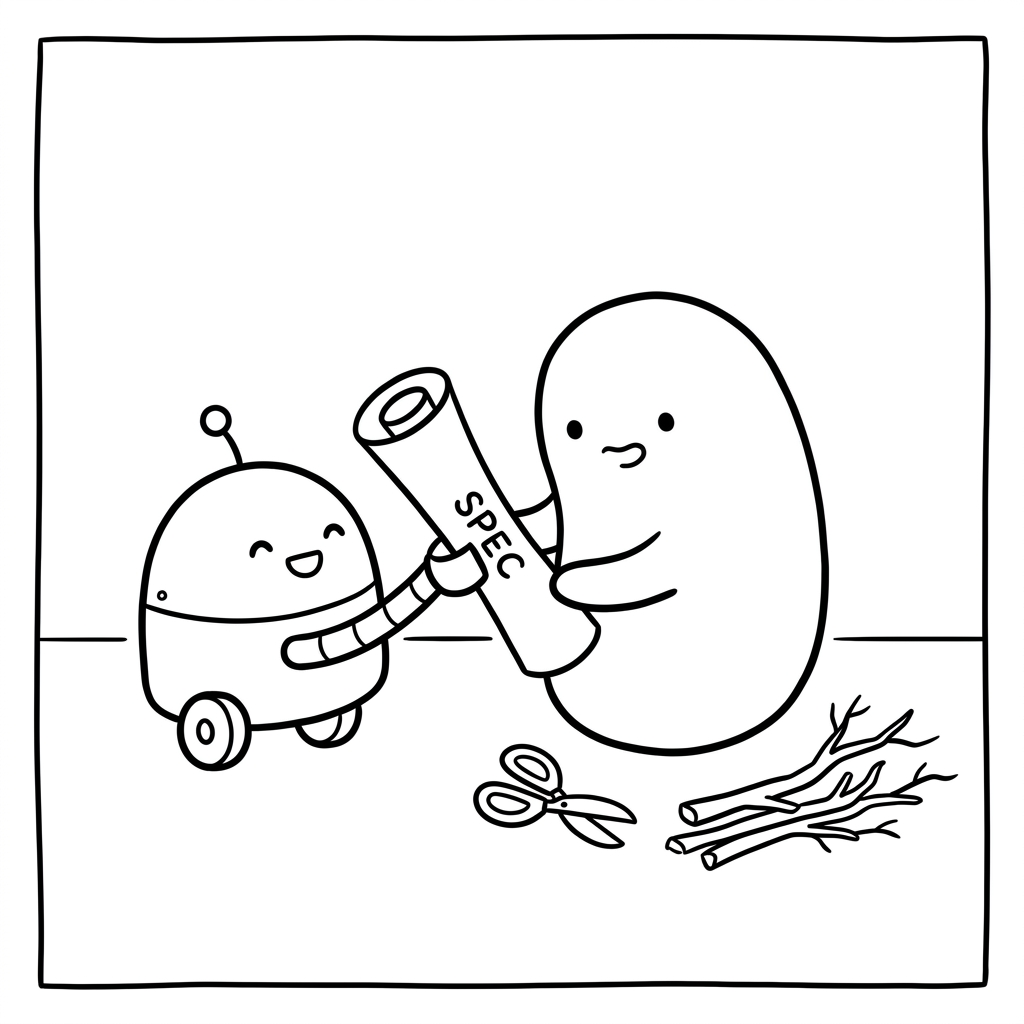 A little robot blob on wheels hands a finished blueprint scroll labelled "SPEC" to the main blob, who looks pleasantly surprised; scissors and a tidy pile of pruned dead twigs rest nearby — the expensive half used to be writing the spec by hand, and now it arrives done.